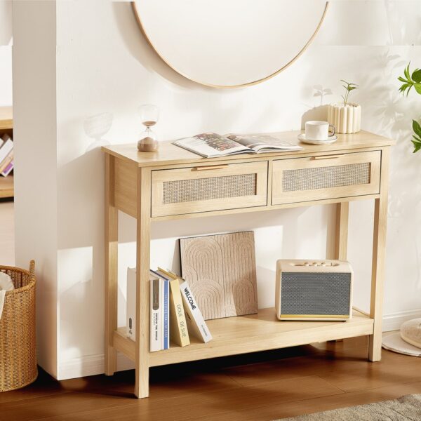 VEVOR Rattan-Konsolentisch mit 2 Schubladen, Rattan-Eingangstisch mit natürlicher Rattan-Schiebetür, Natur