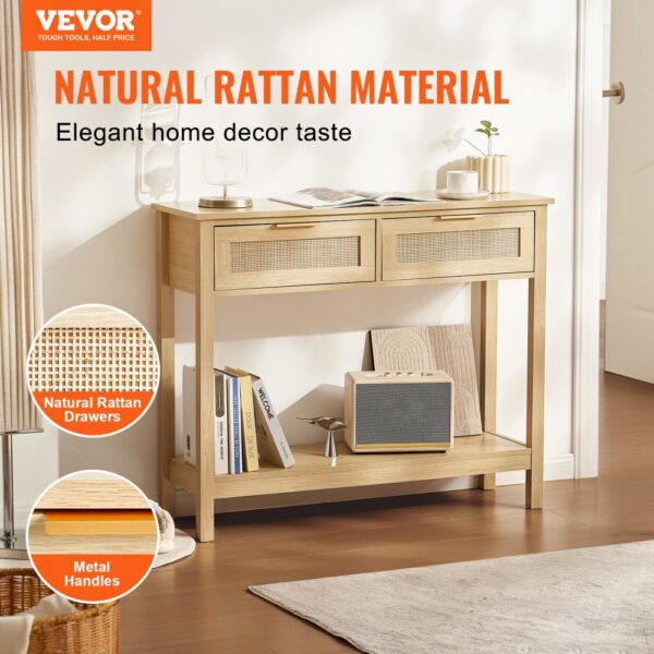 VEVOR Rattan-Konsolentisch mit 2 Schubladen, Rattan-Eingangstisch mit natürlicher Rattan-Schiebetür, Natur – Bild 2