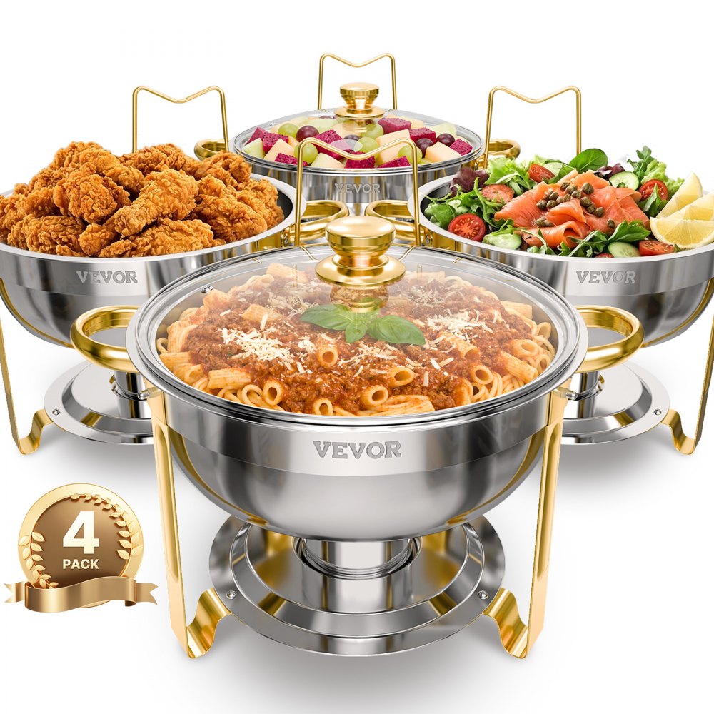 VEVOR Chafing Dish Buffet Speisenwärmer mit 4 Behältern in voller Größe (4,7 L), für Hochzeiten Buffet Gold