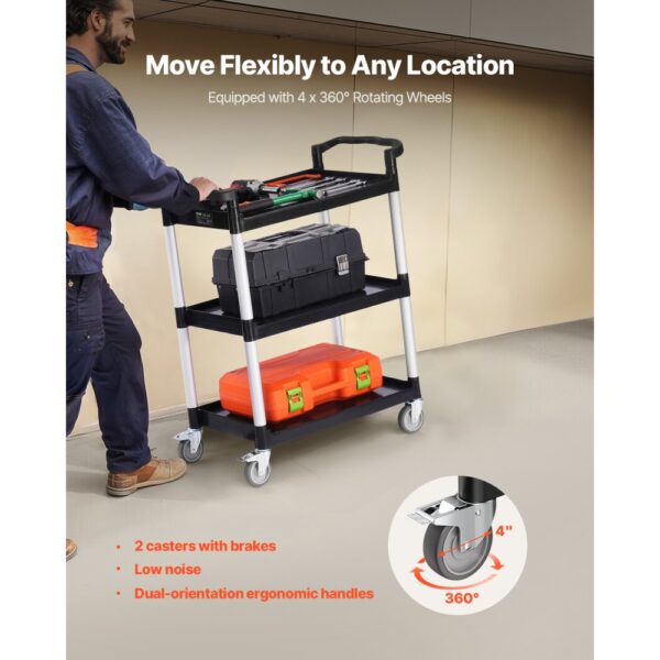 VEVOR Universalwagen, 136 kg, 3-stufiger Universalwagen aus Kunststoff mit 360° Schwenkrädern (2 mit Bremse) – Bild 3 VEVOR Universalwagen, 136 kg, 3-stufiger Universalwagen aus Kunststoff mit 360° Schwenkrädern (2 mit Bremse) – Bild 3