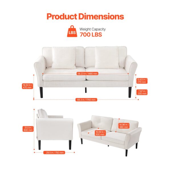 VEVOR Loveseat-Sofa Couch mit zwei Sitzen (176 cm), Büro oder Wohnung, Cremeweiß – Bild 3