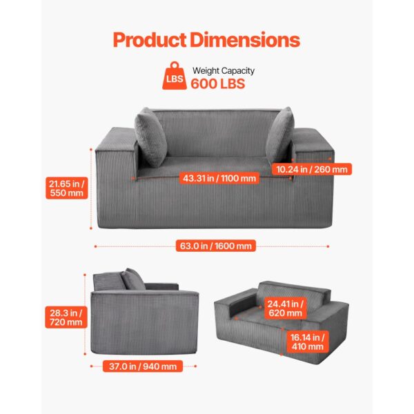 VEVOR Loveseat-Sofa Couch mit zwei Sitzen (160 cm breit), kein Zusammenbau erforderlich, grau – Bild 3