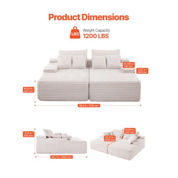 VEVOR übergroße Doppel-Chaiselonguen (210 cm) Cord-Sofa, Schlafsofa 2 Personen Beige – Bild 3