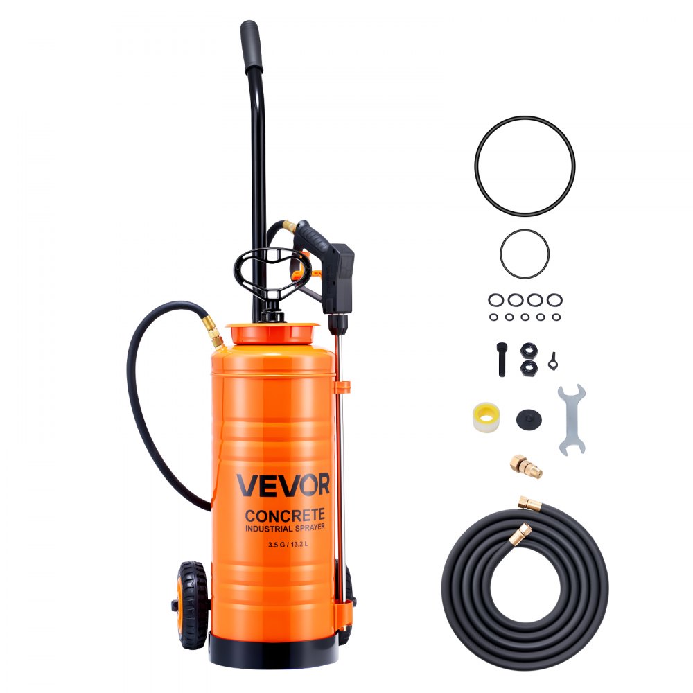 VEVOR Drucksprüher, Industrieller Betonsprüher mit Rolle, 13,2 L Edelstahlsprüher, 2 Messingdüsen