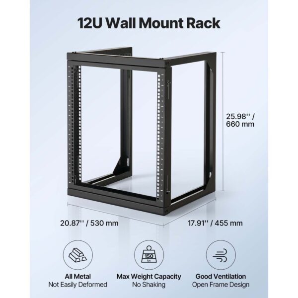 VEVOR 12U Server Rack zur Wandmontage, 68,04 kg max. Tragkraft, Karbonstahl – Bild 4