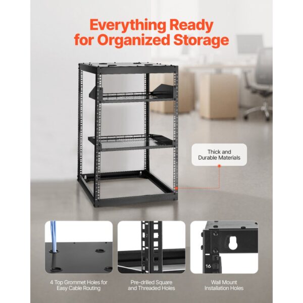 VEVOR 16U Open Frame Netzwerk-Rack, 585 mm Tiefe, 4-Pfosten-Rack mit belüfteten Regalen & Montagezubehör – Bild 5