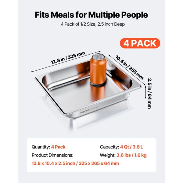 VEVOR Gastronormbehälter Hotelpfanne (1/2-Größe) 4 Stk. 3,8 L, wiederverwendbare Behälter (63,5 mm tief) – Bild 3
