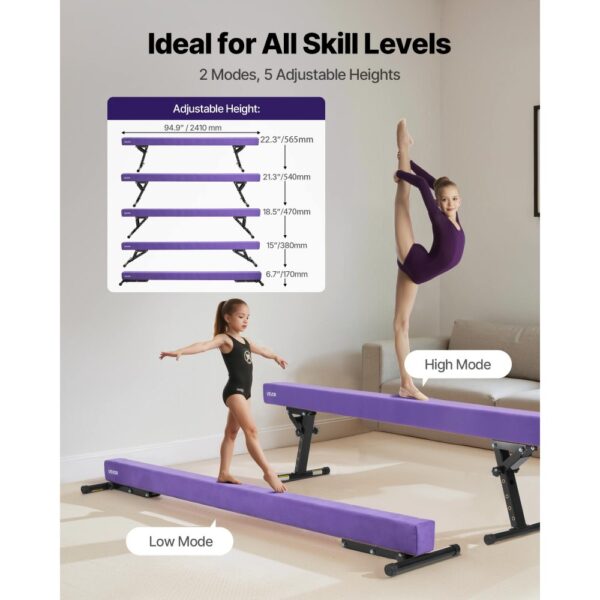 VEVOR Schwebebalken Gymnastik Kinder 241 cm Höhenverstellbar (5-stufig/170/380470/540/565mm), Lila – Bild 2