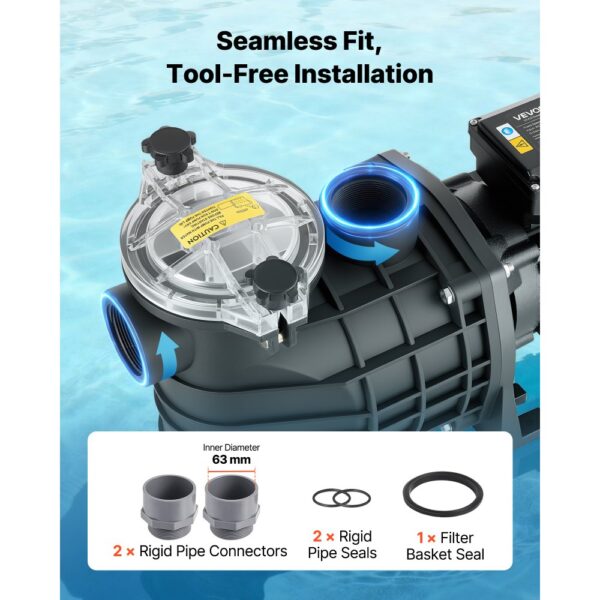 VEVOR Schwimmbadpumpe 3 kW, Filterpumpe 35.000 L/H max. Fördermenge, Einstufige Poolpumpe 2860 U/min – Bild 5
