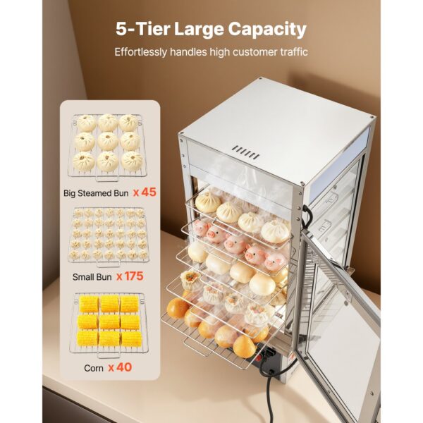VEVOR 5-stufiger Gewerblicher Speisenwämer 120 L 30 bis 110 ℃, Warmhaltevitrine für Hamburger Mantou Brot – Bild 5