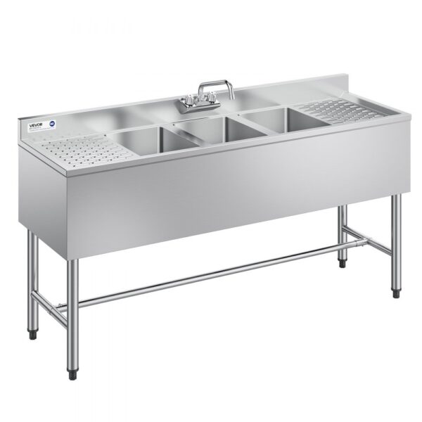 VEVOR Spülbecken mit 3 Becken & 2 Abtropfflächen & Spritzschutz, Küchenspüle (1524 x 470 x 838 mm) VEVOR Spülbecken mit 3 Becken & 2 Abtropfflächen & Spritzschutz, Küchenspüle (1524 x 470 x 838 mm)