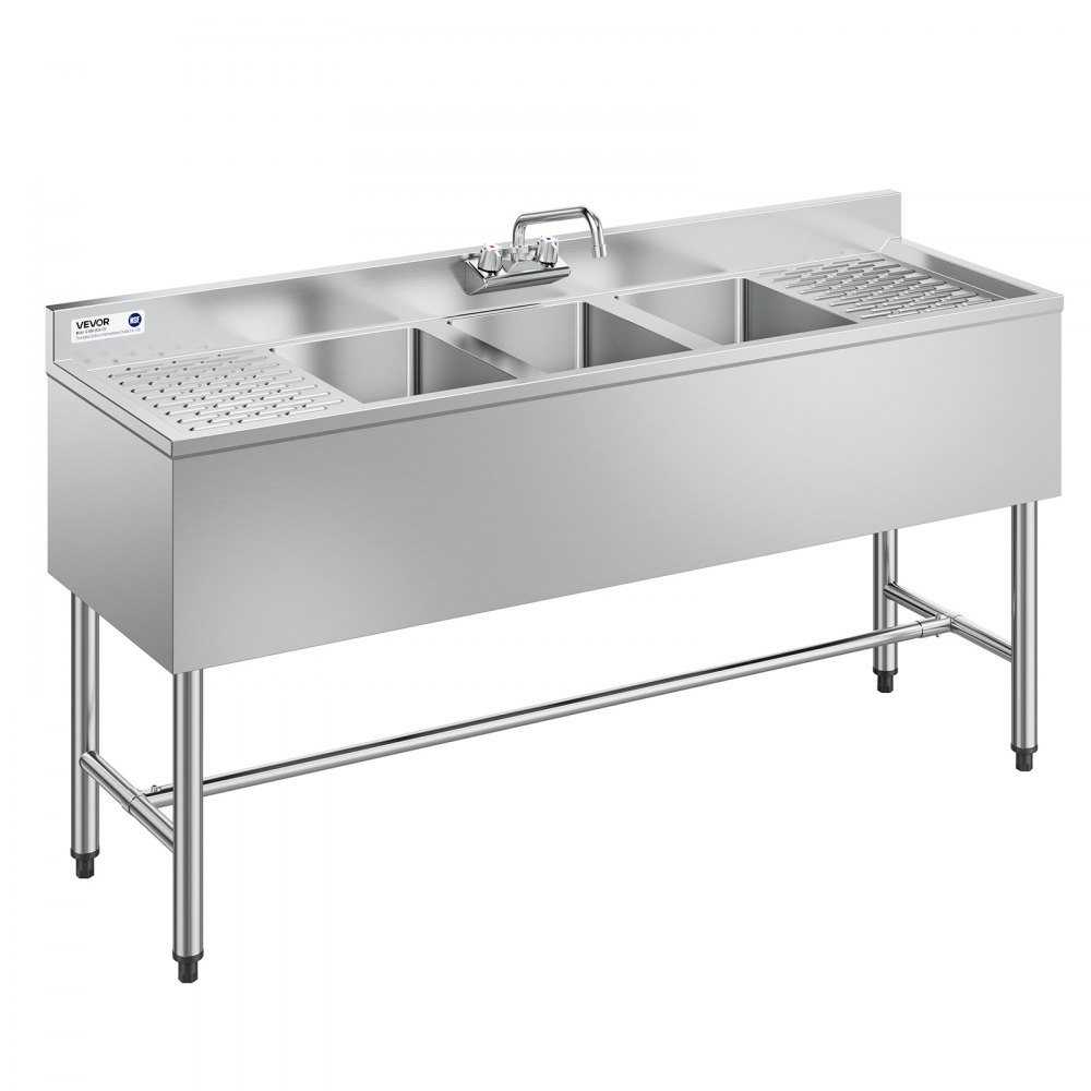 VEVOR Spülbecken mit 3 Becken & 2 Abtropfflächen & Spritzschutz, Küchenspüle (1524 x 470 x 838 mm)