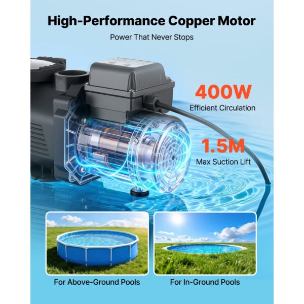 VEVOR Schwimmbadpumpe 400 W, Filterpumpe 11.100 L/H max. Fördermenge, 3450 U/min – Bild 3