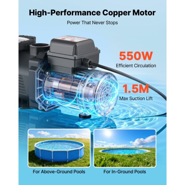 VEVOR Schwimmbadpumpe 550 W, Filterpumpe 14.000 L/H max. Fördermenge, 3450 U/min – Bild 3
