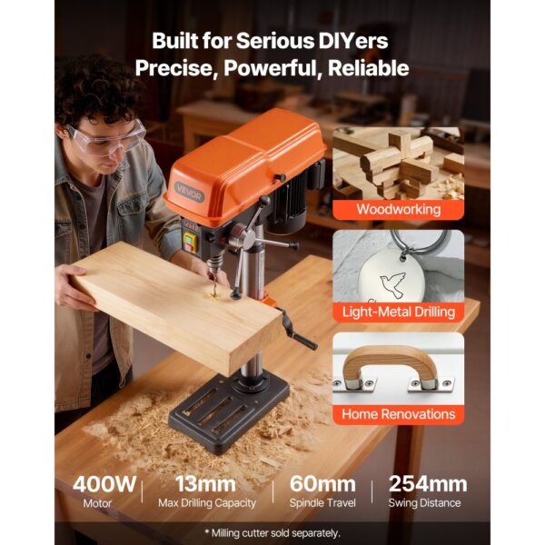 VEVOR Tischbohrmaschine 254 mm, Säulenbohrmaschine 400 W, Neigbarer Tisch 45° & LED – Bild 2