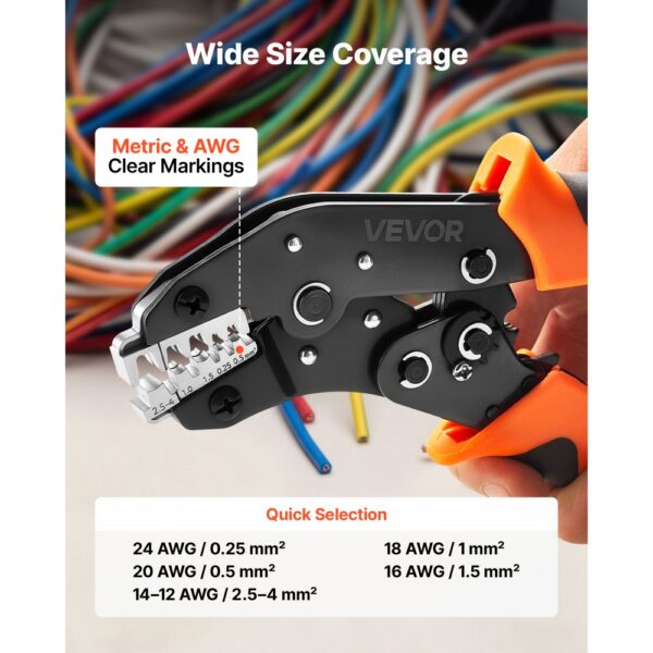 VEVOR Crimpzange Ratschenfunktion 0,25-4 mm², Kabelschuhzange mit Klaren Metrischen & AWG-Markierungen – Bild 2