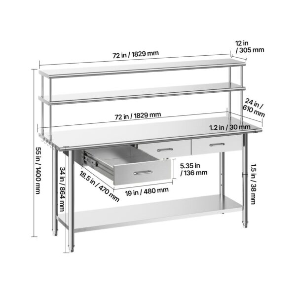 VEVOR Gastronomie Arbeitstisch 1829 x 610 x 1400 mm – Bild 3