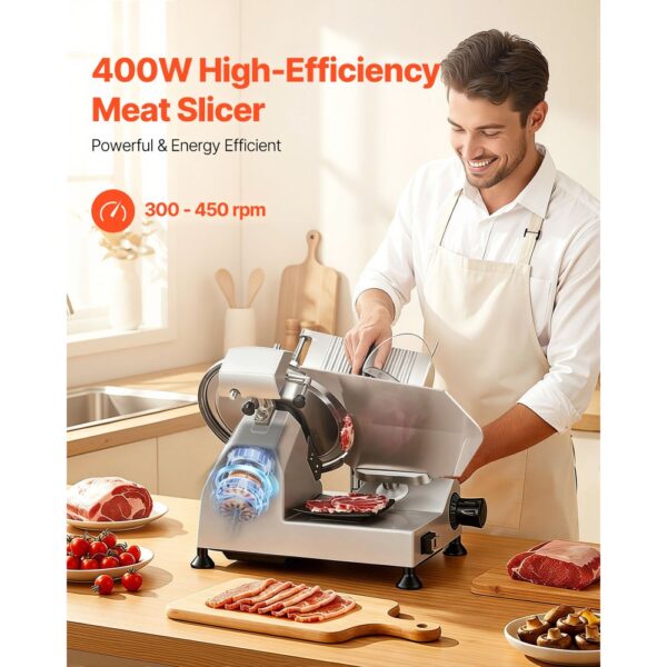 VEVOR Allesschneider Elektrisch 400 W, Abnehmbare 30 cm Kohlenstoffstahl-Klinge & Auffangschale, Schinken – Bild 2