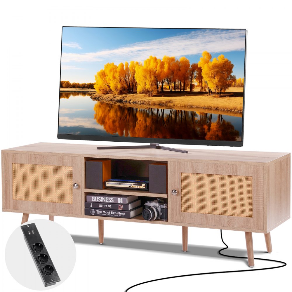 VEVOR Rattan-TV-Ständer, Retro-TV-Schrank für 165 cm Fernseher, verstellbare Regale für Wohnzimmer