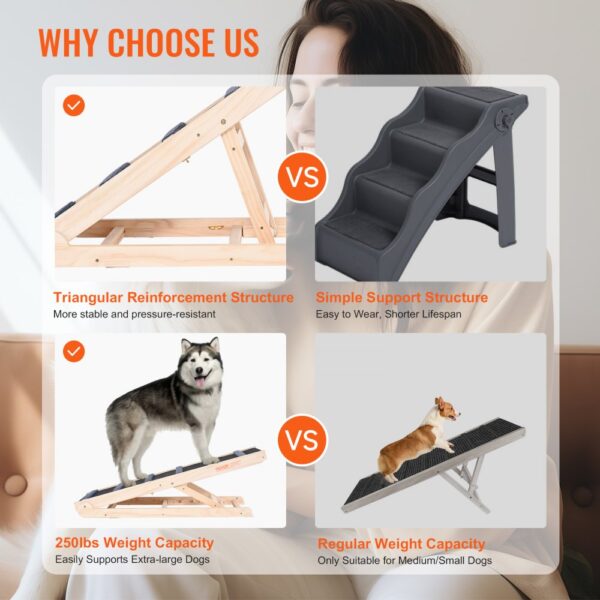 VEVOR Hunderampe 1m lang Hundetreppe mit 6 Querstangen Hundeautorampe aus Kiefernholz Gummi – Bild 3