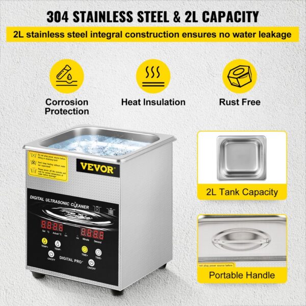 VEVOR 2 L Verbesserter Ultraschallreiniger (100 W Heizung, 60 W Ultraschall) Professioneller digitaler – Bild 5