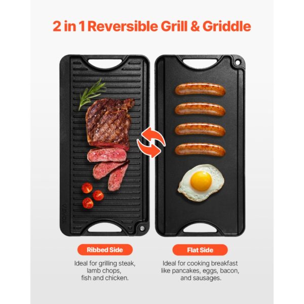 VEVOR wendbarer Grillplatte Bratpfanne Griddle aus Gusseisen (492 x 218 mm), schwarz – Bild 2