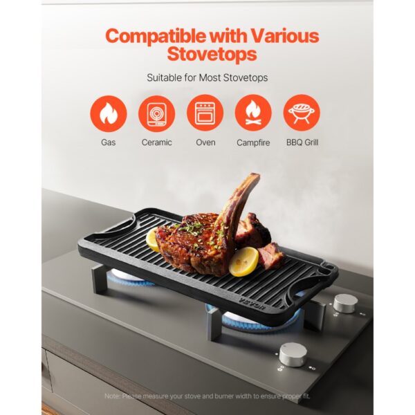 VEVOR wendbarer Grillplatte Bratpfanne Griddle aus Gusseisen (492 x 218 mm), schwarz – Bild 3