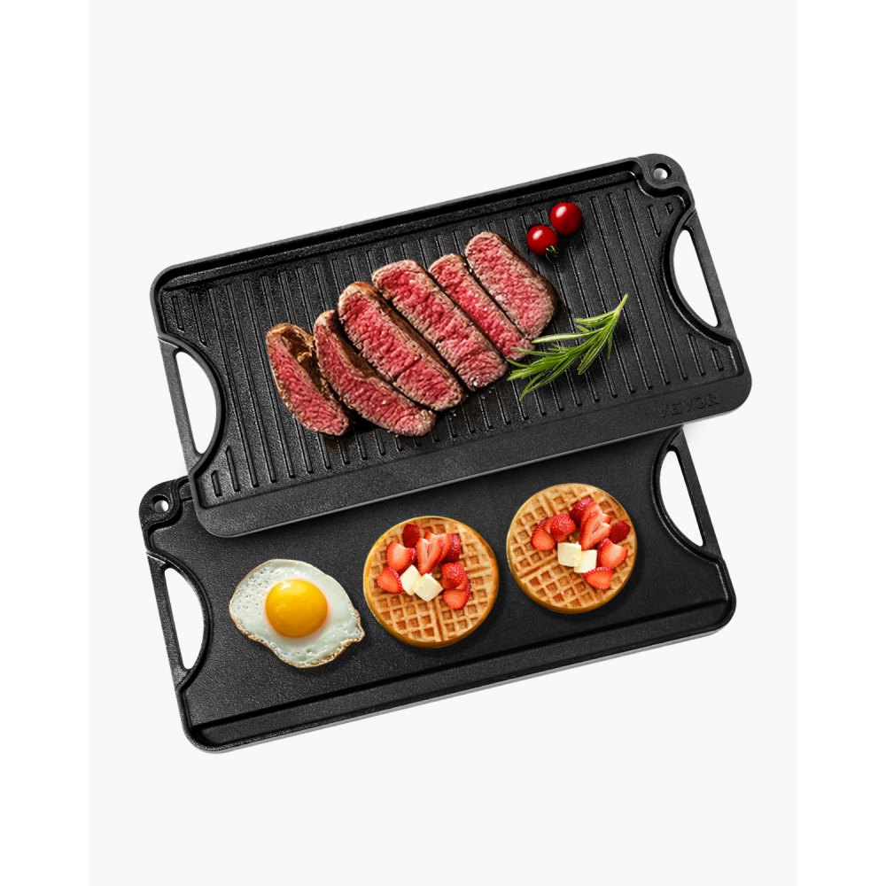 VEVOR wendbarer Grillplatte Bratpfanne Griddle aus Gusseisen (492 x 218 mm), schwarz