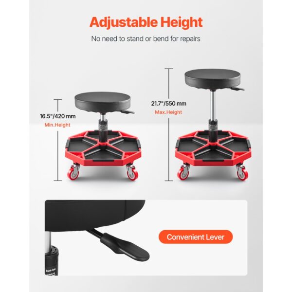 VEVOR Rollbarer Werkstatthocker Werkstattsitz (136 kg Tragkraft) Garagensitz Arbeitshocker, Schwarz+Rot – Bild 2