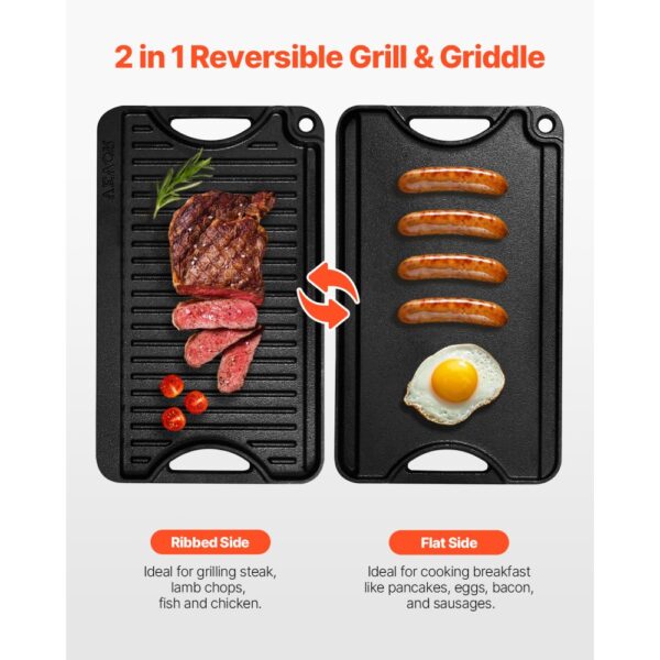 VEVOR wendbarer Grillplatte Bratpfanne Griddle aus Gusseisen (185 x 342 mm), schwarz – Bild 2 VEVOR wendbarer Grillplatte Bratpfanne Griddle aus Gusseisen (185 x 342 mm), schwarz – Bild 2
