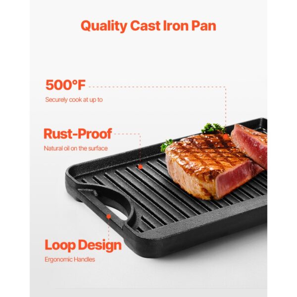 VEVOR wendbarer Grillplatte Bratpfanne Griddle aus Gusseisen (185 x 342 mm), schwarz – Bild 4 VEVOR wendbarer Grillplatte Bratpfanne Griddle aus Gusseisen (185 x 342 mm), schwarz – Bild 4
