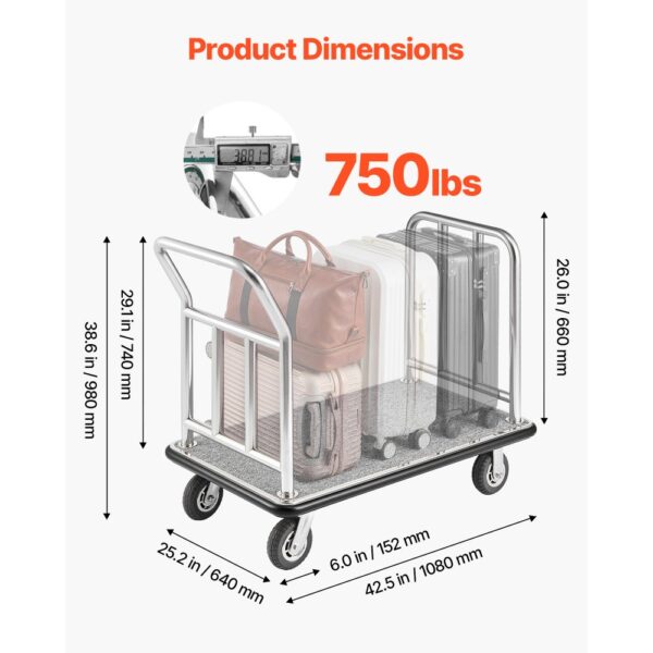 VEVOR Hotelgepäckwagen, 340 kg Tragkraft, Parkservicewagen mit Teppichboden & 15 cm großen Gummirädern – Bild 3