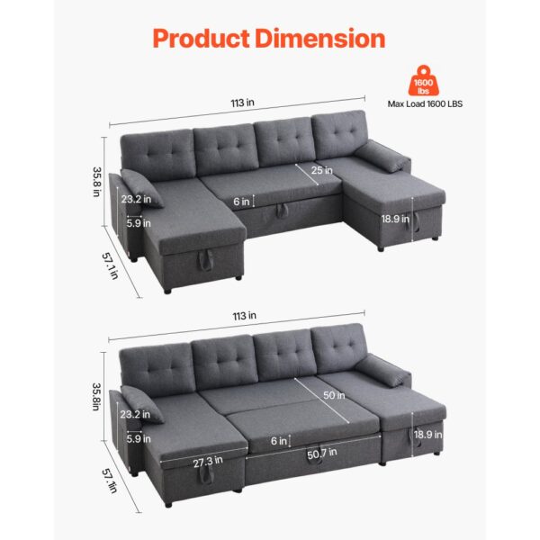 VEVOR U-förmiges Schlafsofa, umwandelbares Bettsofa mit 2 Seitentaschen & 2 Kissen & Doppel-Chaiselongue – Bild 2