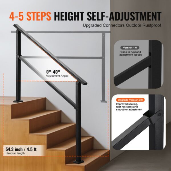 VEVOR Handlauf 138 cm, Treppengeländer-Set für 4–5 Stufen, schwarzes Vierkantrohr mit horizontaler Stange – Bild 3