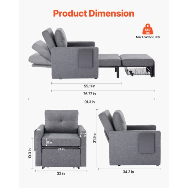 VEVOR Schlafsofa umbaubares Schlafbett mit Seitentasche & Kissen & Armlehne, Grau – Bild 2