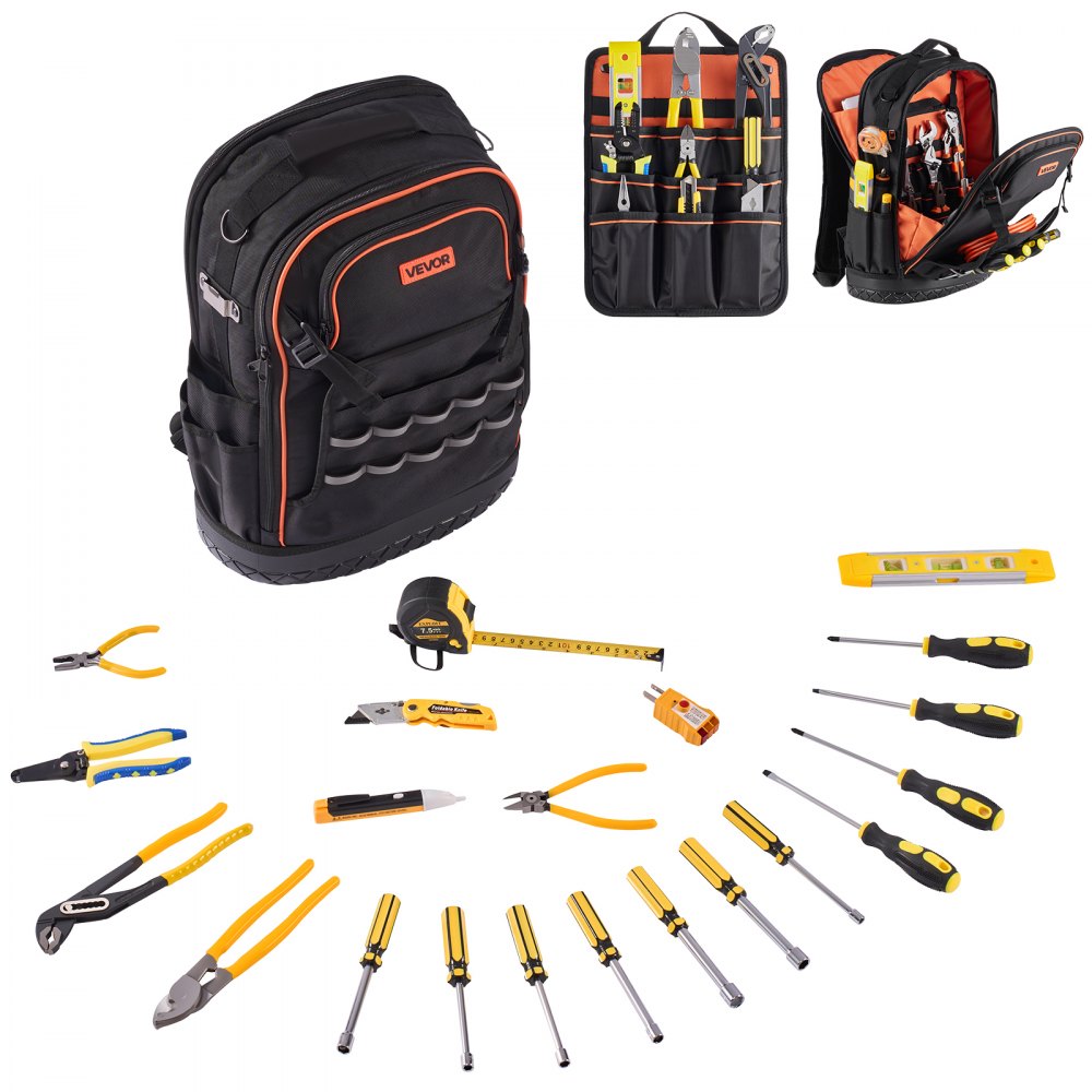VEVOR Werkzeugrucksack mit 65 Taschen, Backpack inkl. 21-teiliges Werkzeugset, Werkzeugtasche mit Laptopfach