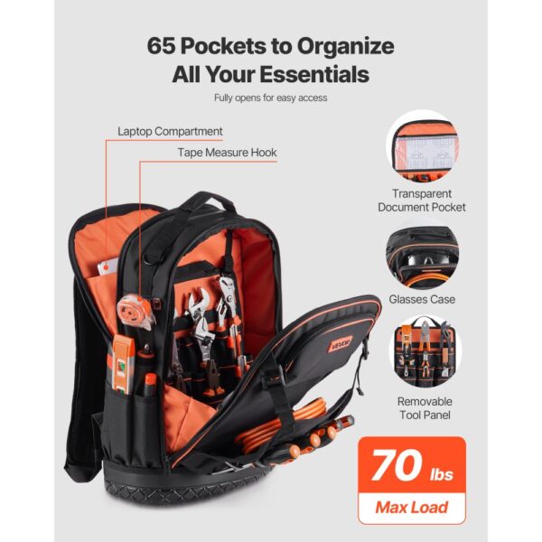 VEVOR Werkzeugrucksack, 65 Taschen, Backpack mit Laptopfach & geformtem Boden – Bild 2