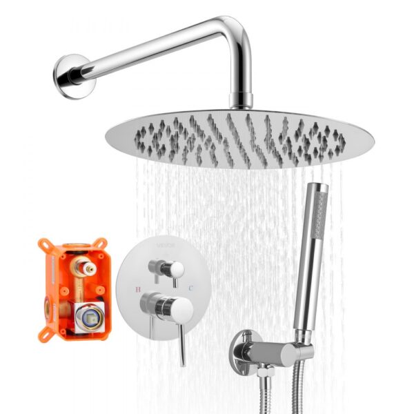 VEVOR Duscharmatur Regenduschsystem fürs Badezimmer Duschsystem mit 254 mm runden Regenduschkopf & Handbrause