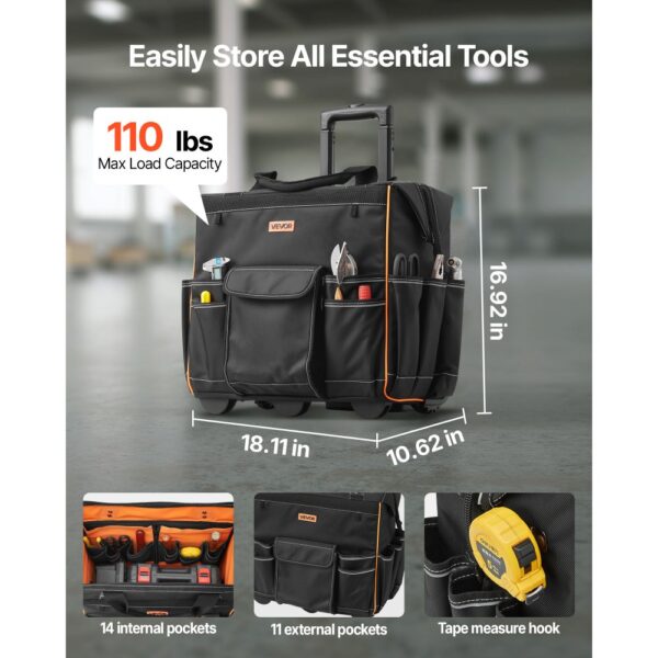 VEVOR Werkzeugtasche mit Rollen, Tragkraft 50 kg, 25 Taschen, 460x270x430 mm – Bild 2