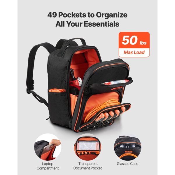 VEVOR Werkzeugrucksack, 49 Taschen, Backpack mit Laptopfach und verstärktem Stoffboden – Bild 2