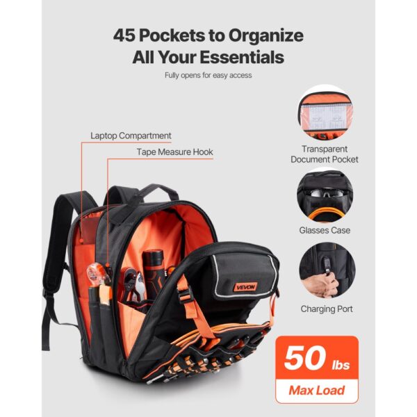 VEVOR Werkzeugrucksack, 45 Taschen, Backpack mit Laptopfach und verstärktem Stoffboden – Bild 2