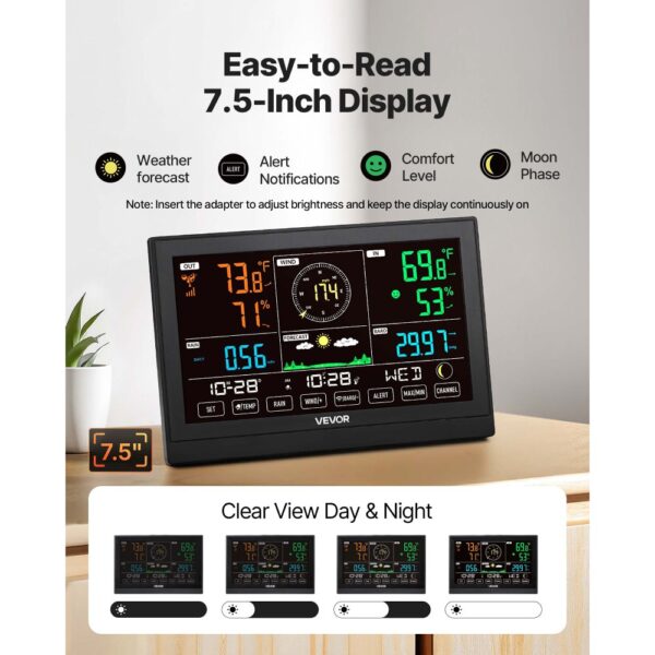 VEVOR 5-in-1-Wetterstation, 7,5-Zoll-Display, solarbetriebener Außensensor – Bild 4