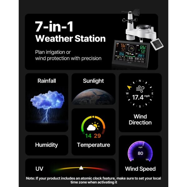 VEVOR 7-in-1-Wetterstation Funk, 7,5-Zoll-Display, solarbetriebener Außensensor – Bild 2
