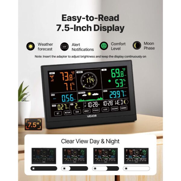 VEVOR 7-in-1-Wetterstation Funk, 7,5-Zoll-Display, solarbetriebener Außensensor – Bild 4