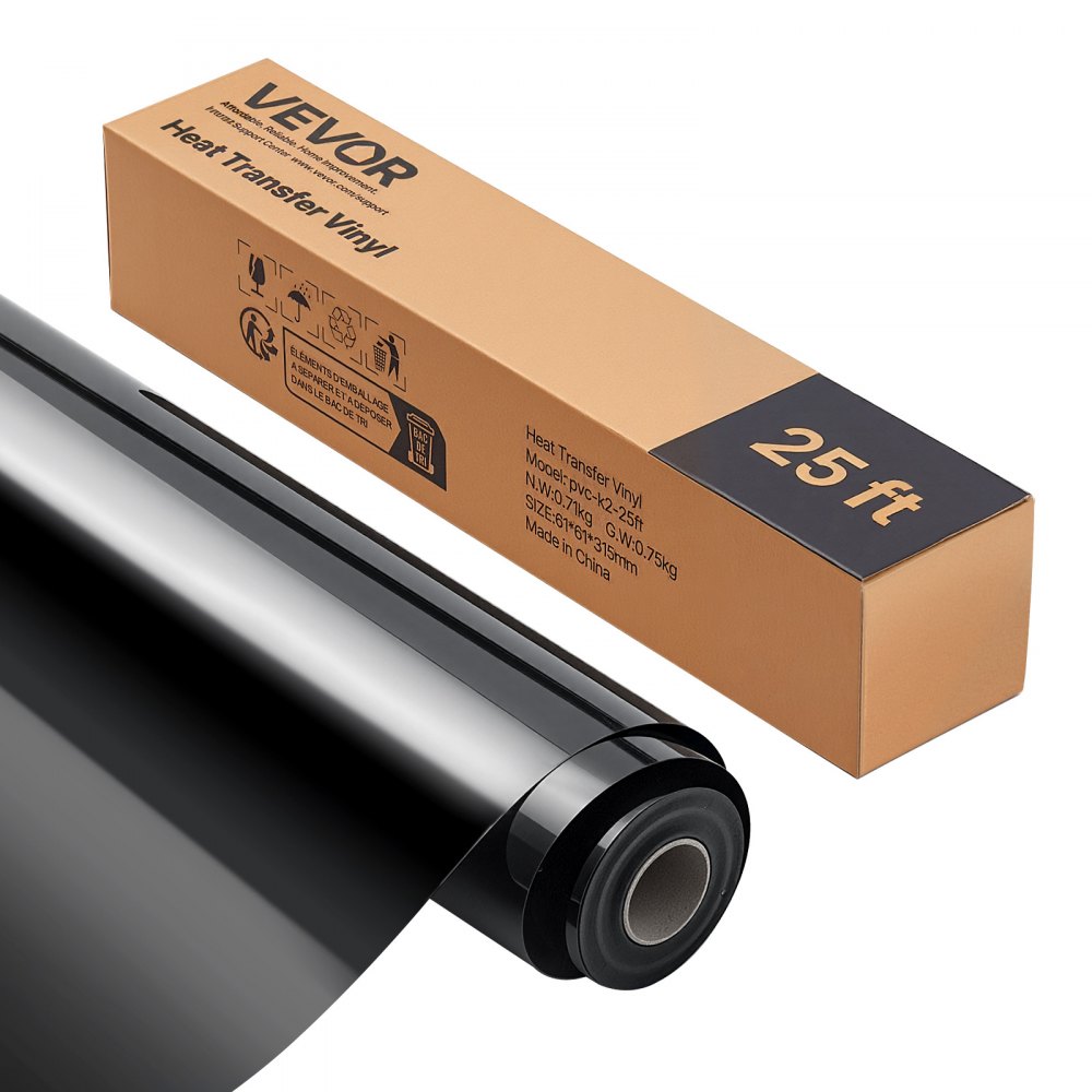 VEVOR Vinylfolie Wärmeübertragung Transferfolie (304,8 x 7260 mm), glänzend schwarze Bügelvinylrolle
