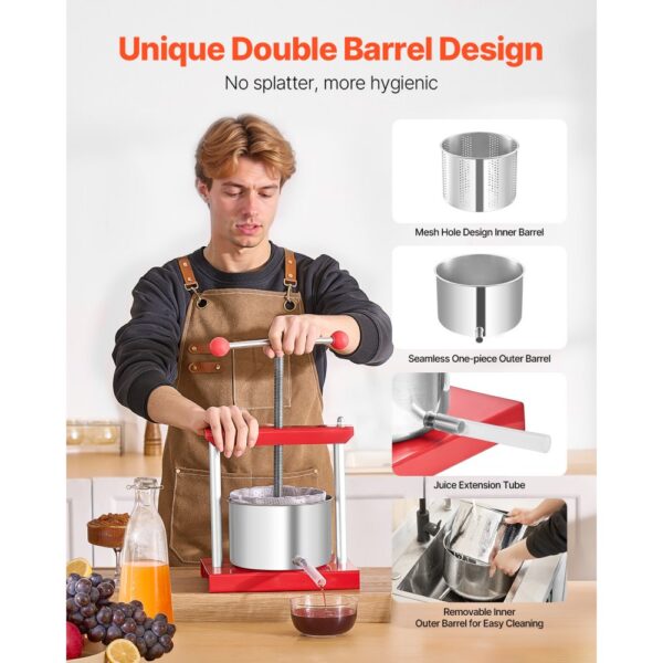 VEVOR Obstweinpresse Apfelpresse (3 L) mit 2 Edelstahlfässer, manueller Entsafter – Bild 5