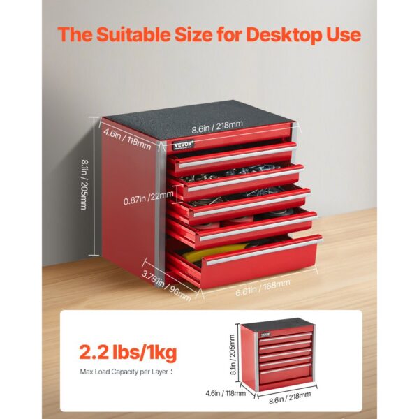 VEVOR Werkzeugkiste 218 x 118 x 205 mm, Werkzeugkasten aus Metall mit 5 Schubladen, rot – Bild 2