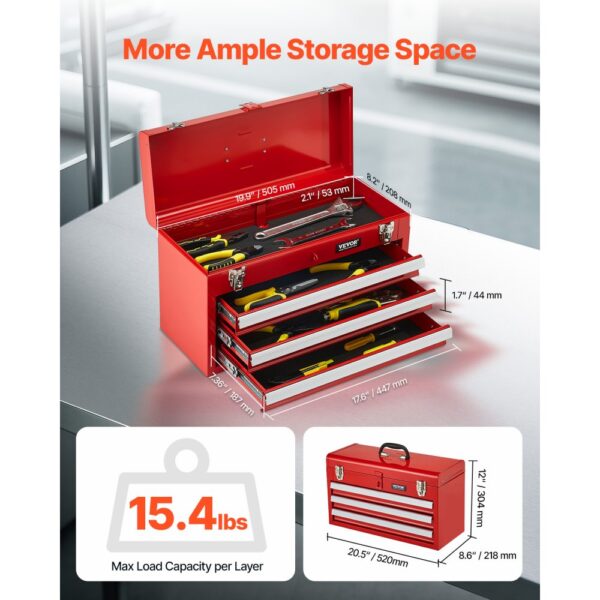 VEVOR Werkzeugkiste 520 x 218 x 304 mm, Werkzeugkasten mit 3 Schubladen, Werkzeugkoffer mit EVA-Einlagen – Bild 2