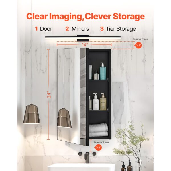 VEVOR Spiegelschrank verspiegelter Arzneischrank Medizinschrank (355 x 135 x 610 mm) für Badezimmer – Bild 2