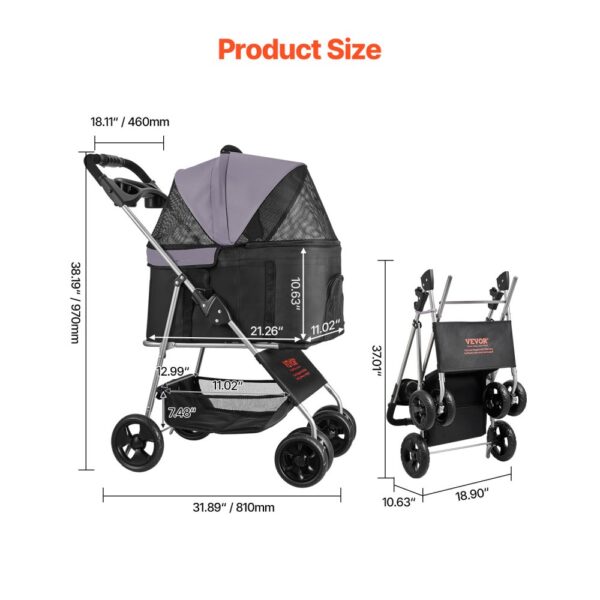 VEVOR Hundewagen 81x46x97 cm, 16 kg Tragkraft, 4-Rad-Buggy mit abnehmbarer Trage und Netzfenstern – Bild 2